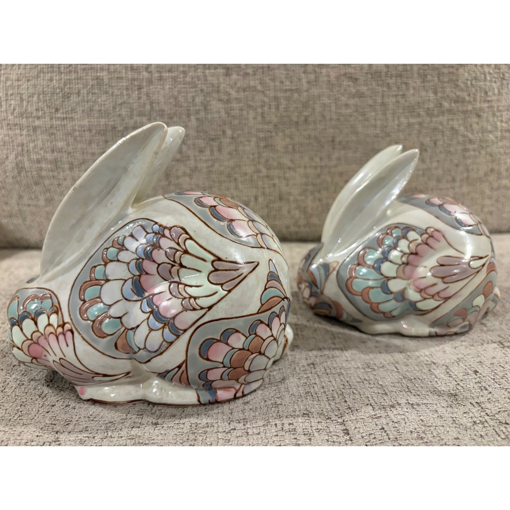 Vintage Macau Ceramic Bunny Rabbit Figurines Pastel Scalloped Pair Easter Decor